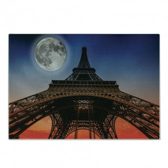 Eiffel Tower Cutting Board, Full Moon Night Sky Dusk Digital Style Minimal French Flag Eiffel Tower Digital, Decorative Tempered Glass Cutting and Serving Board, Small Size, Navy Red, by Ambesonne