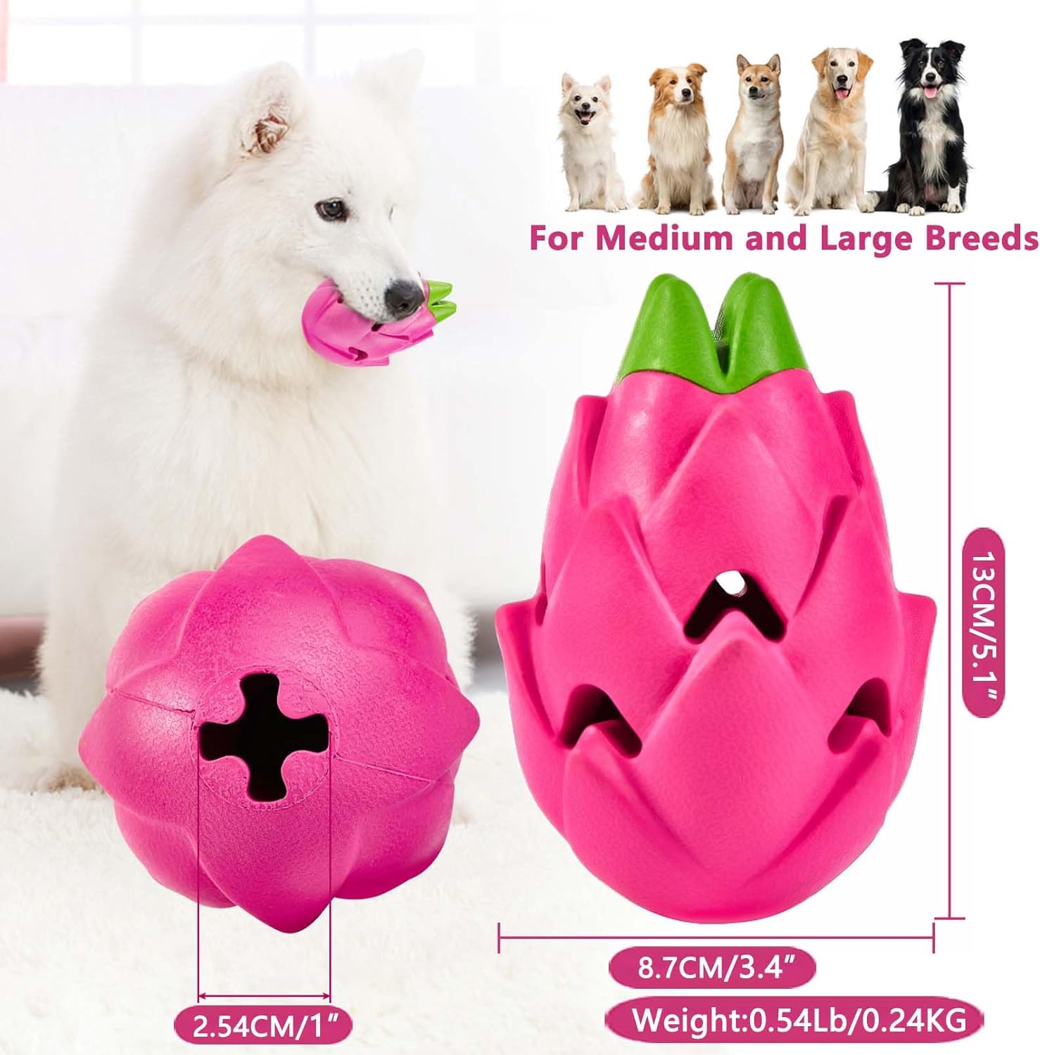 Dog Treat Dispensing Toys, Dispensing Puzzle Toy for Aggressive Chewers, Rubber Treat Dispenser, Interactive Stimulation Dog Food Toys, Pitaya Shape