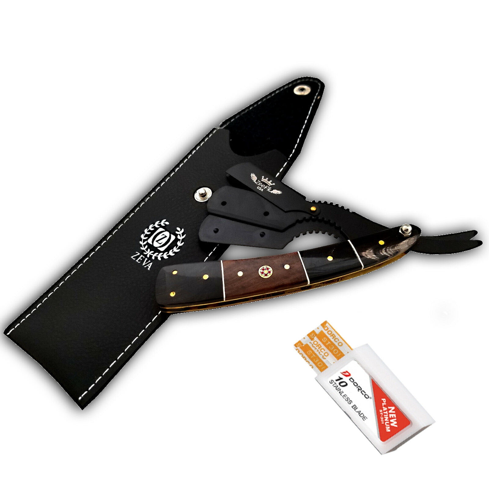 10 BLADES ST301 USA Straight Razor Custom Steel Blade Buffalo Horn w/ Wood Barber Shaving Knife