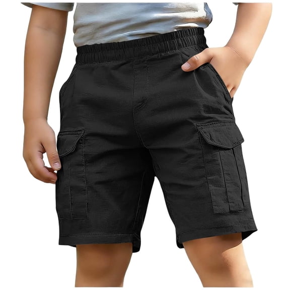 Boys Cargo Shorts with Pockets- Summer Elastic Waist Casual Baggy Kids Drawstring Shorts Relaxed Fit Comfortable