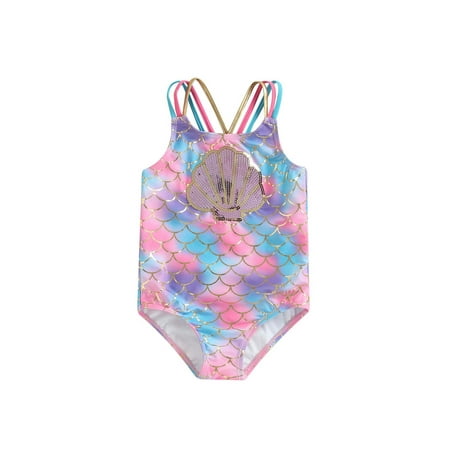 

Toddler Baby Girls One Piece Swimsuit Shell Printed Sequins Mermaid Swimwear Bikini Purple 5-6 Years