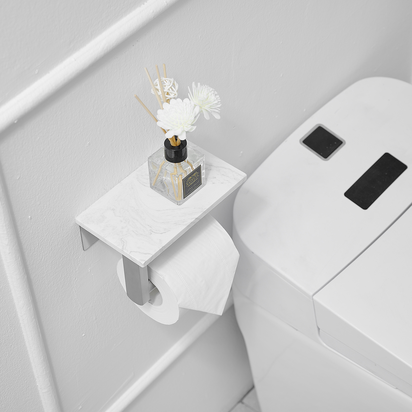 Wall Mount Toilet Paper Holder With Natural Marble Shelf Tissue Storage Holder In Brushed Nickel