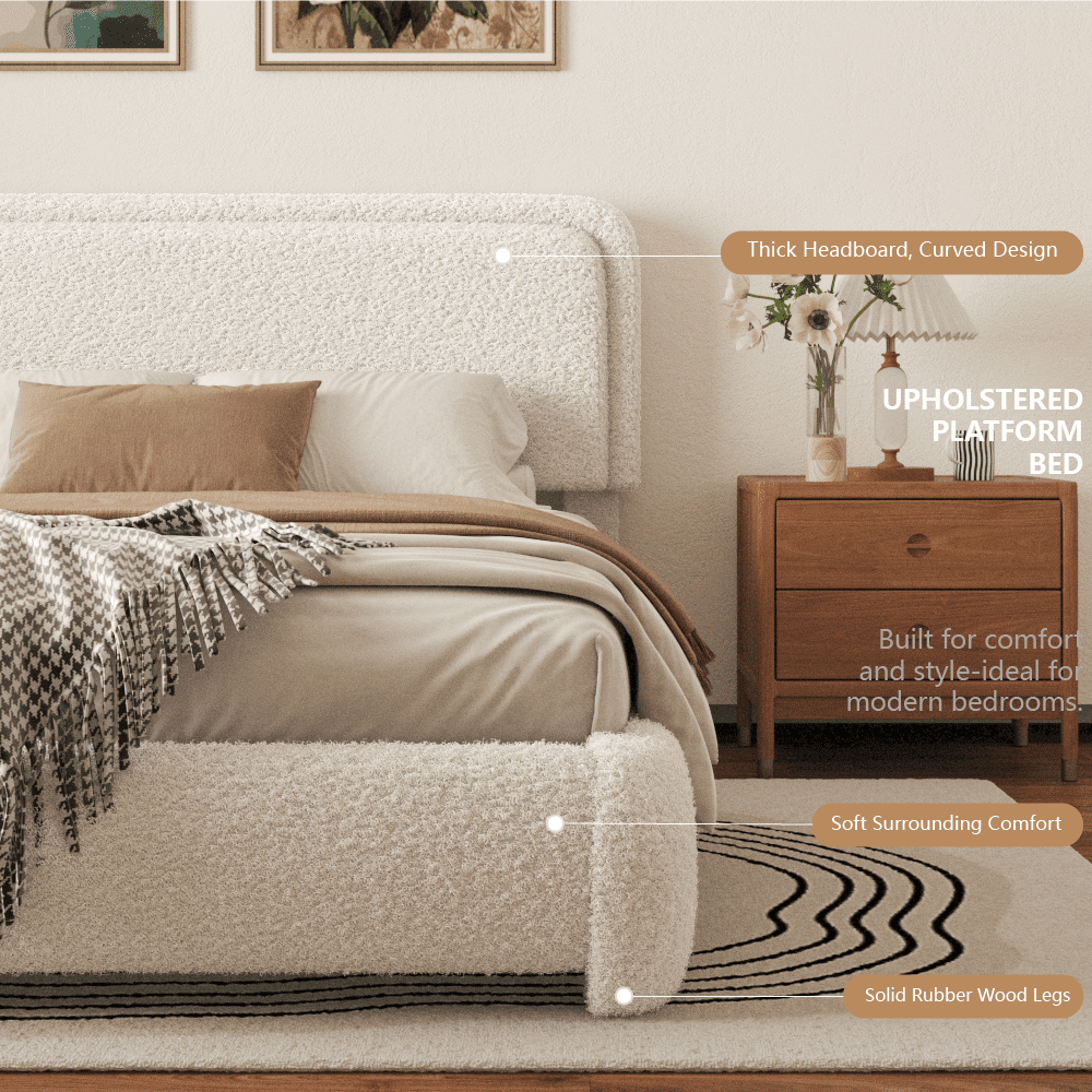 VIPLOV Full Size Boucle Bed Frame, Cloud Upholstered Platform Bed with Height Adjustable Headboard & Soft Rounded Corners, No Noise Free, Easy Assembly,White