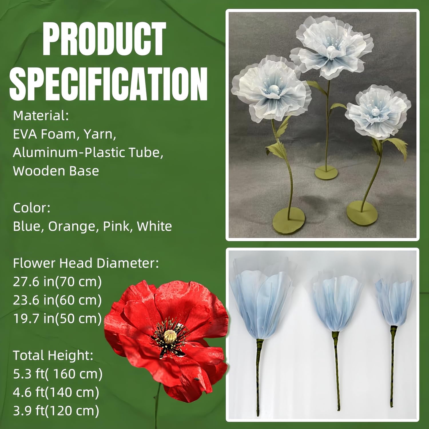 Louis Garden 5.3' High 3-Base EVA Artificial Flower Backdrop Giant Flowers for Decoration, Purple