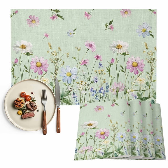 Placemats Set of 4, Wildflowers Place Mats Floral Herbs Fields Sage Green Tablemats Washable Placemat Table Decoration for Kitchen Table Dinner Party Home Decor Indoor Outdoor 13x19 Inch