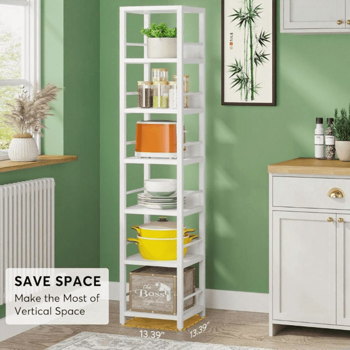 6-Tier Corner Bookshelf, Space-Saving Storage Rack with Anti-Slip Fences, Multipurpose for Living Room, Kitchen, Bathroom