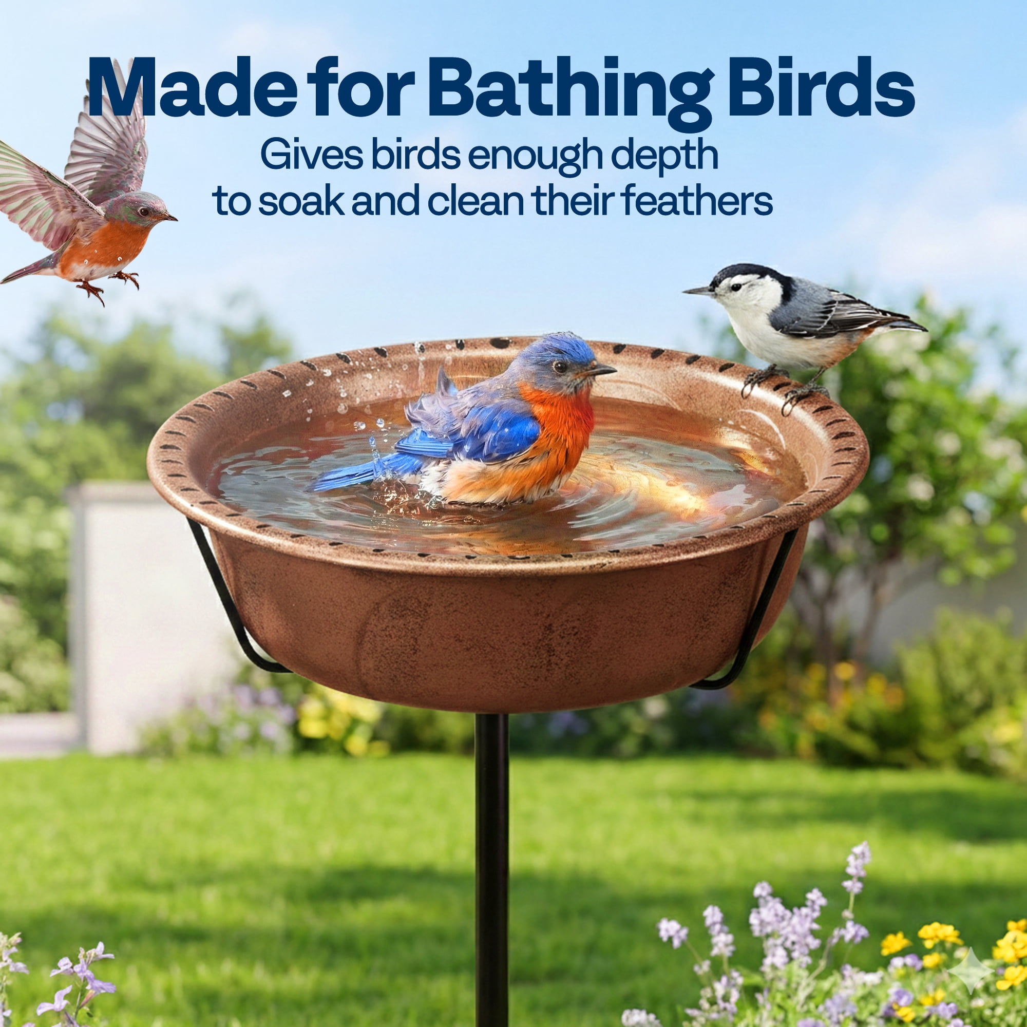 SPECSTAR Bird Bath for Outside, Outdoor 13'' Birdbath Bowl with Metal Ground Stake, Weather-Resistant ABS Bird Bath and Feeder for Garden, 1.45 Gallons, Bronze