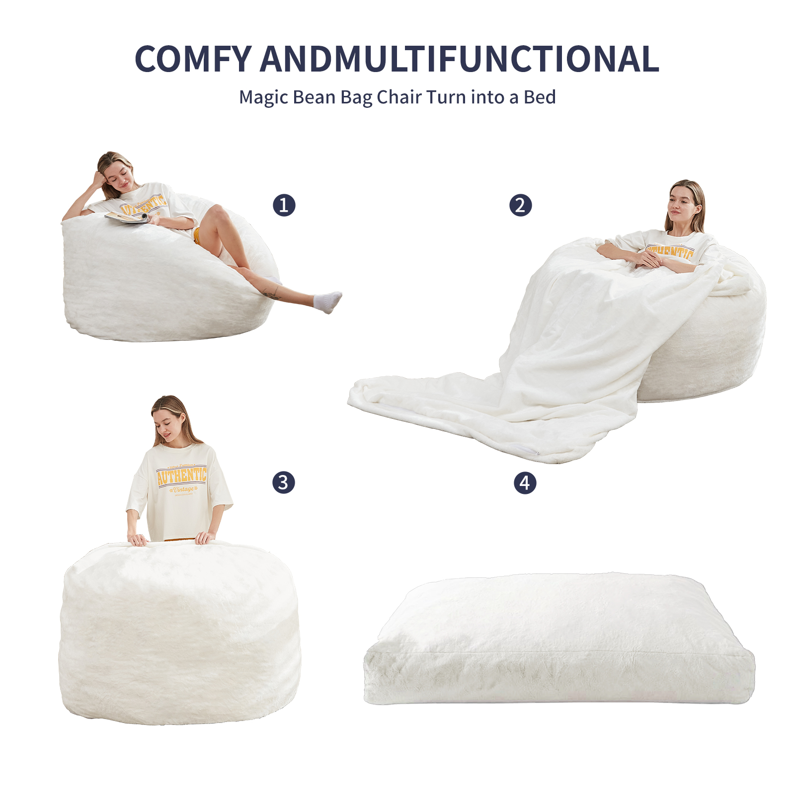ZAFLY Giant Bean Bag Chair, Full Size Convertible Bean Bag Sofa, Faux Rabbit Fur Lazy Chair for Adults - White