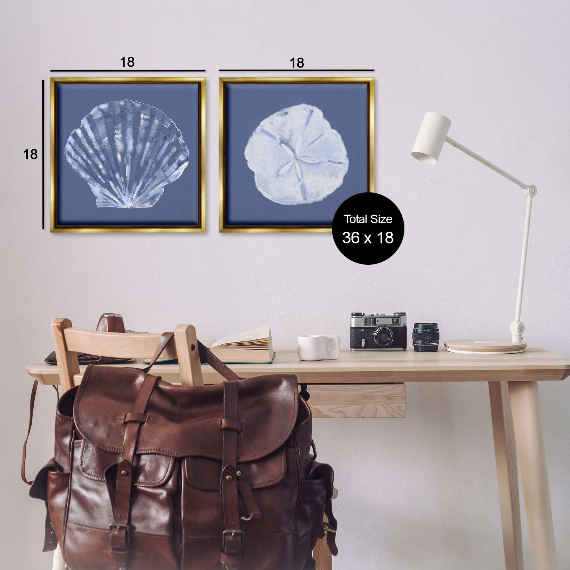 Stupell Industries Denim Sand Dollar & Scallop Nautical & Beach Painting Gold Floater Framed Canvas Art Print Wall Art, 18 x 18, Set of 2
