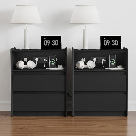 YAURA 2 Pack 24" Tall Black Nightstand with Charging Station, 2 Drawer Modern Bedside Table with Tray Top, USB & Type-C Ports, AC Outlets, and Open Shelf for Bedroom or Living Room