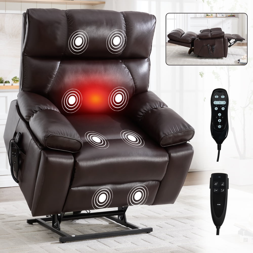Dark Brown Leatheraire Power Lift Recliner with Heat/Massage, Dual Motor, 350LBS Weight Capacity, Includes Cup Holders