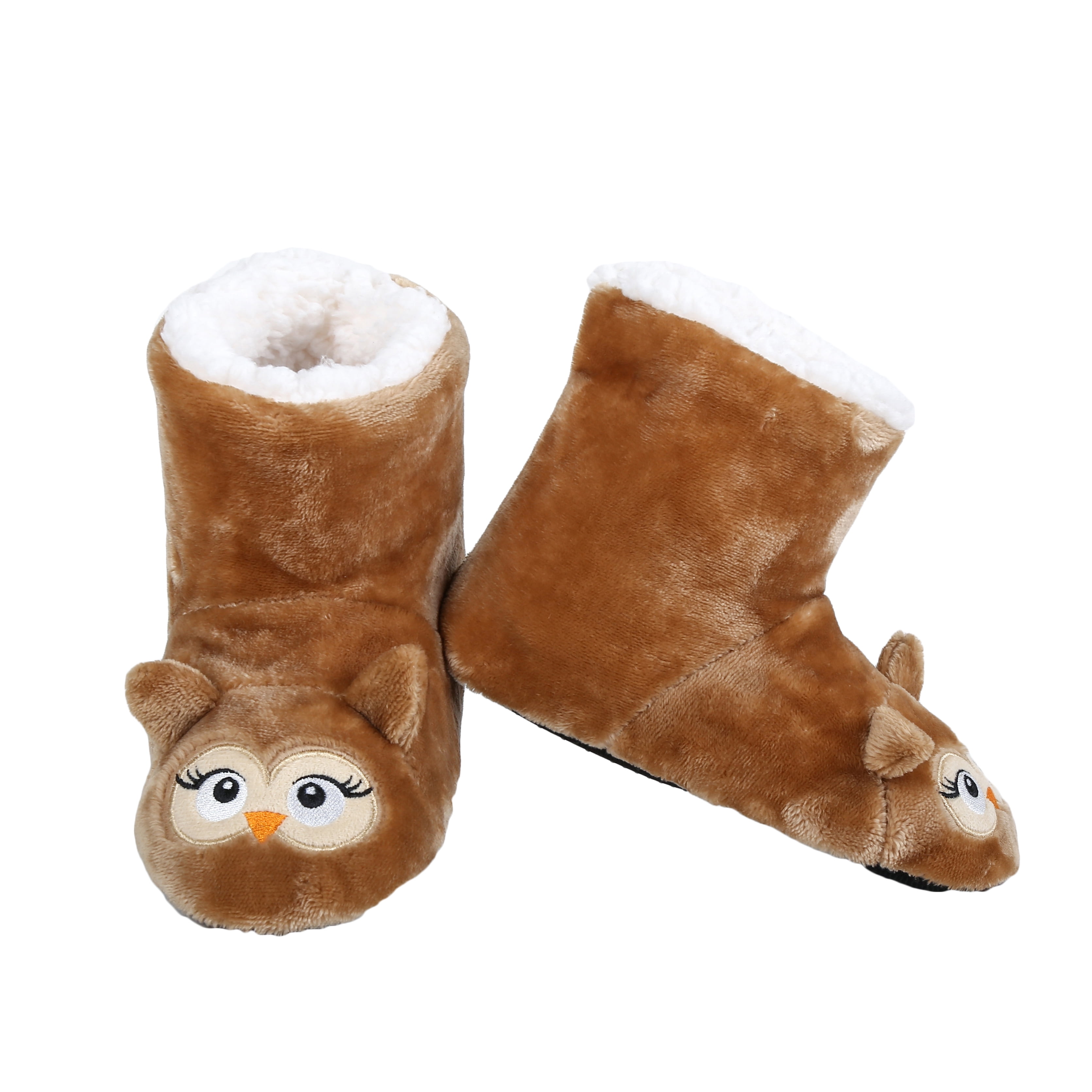GIRLS KIDS KNITTED OWL FUR LINED PULL ON BOOTIES WARM INDOOR WINTER SLIPPERS OWL 