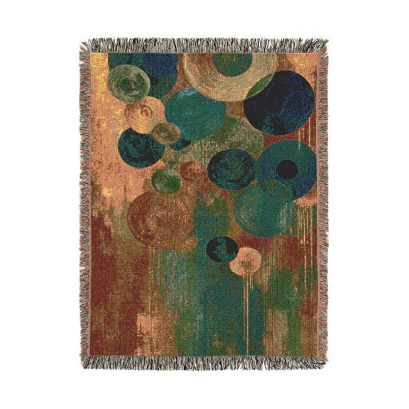 Abstract Teal and Mustard Circles Woven Throw Blanket, 100% Cotton, Mid-Century Style for Living Room Decor