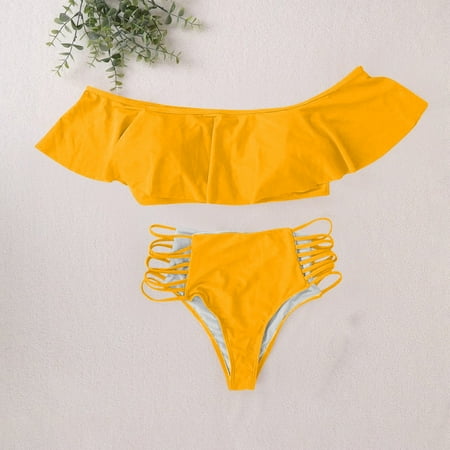 Ovticza Women s Two Piece Swimsuit Off Shoulder Ruffle Bandeau Bikini Swimsuit Top and Strappy Thong Bikini Bottom Yellow 4XL