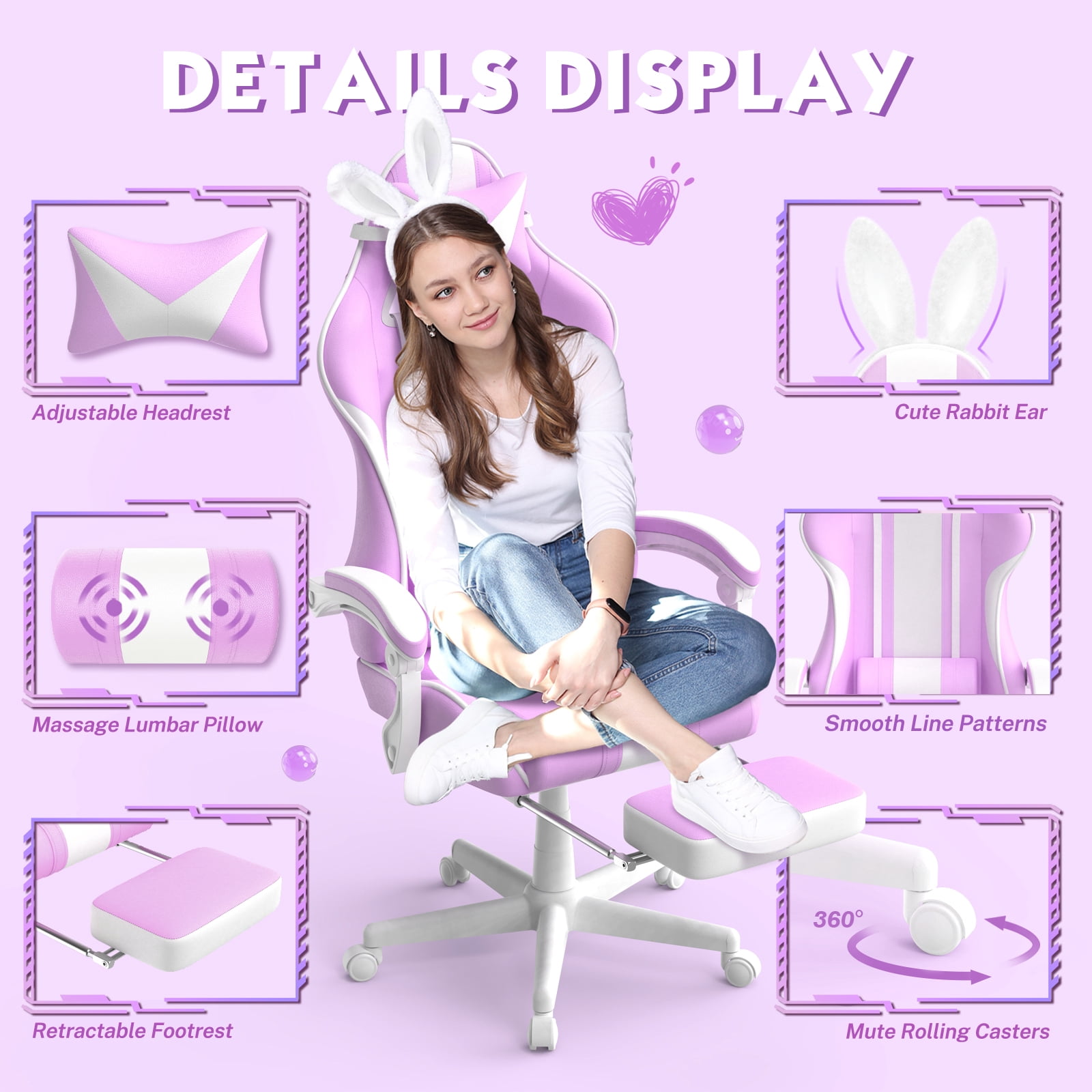 SOONTRANS Purple Gaming Chair, High Back Gamer Chair with Footrest for Adult Girl, Reclining Adjustable Game Office Chairs Massage Pillows