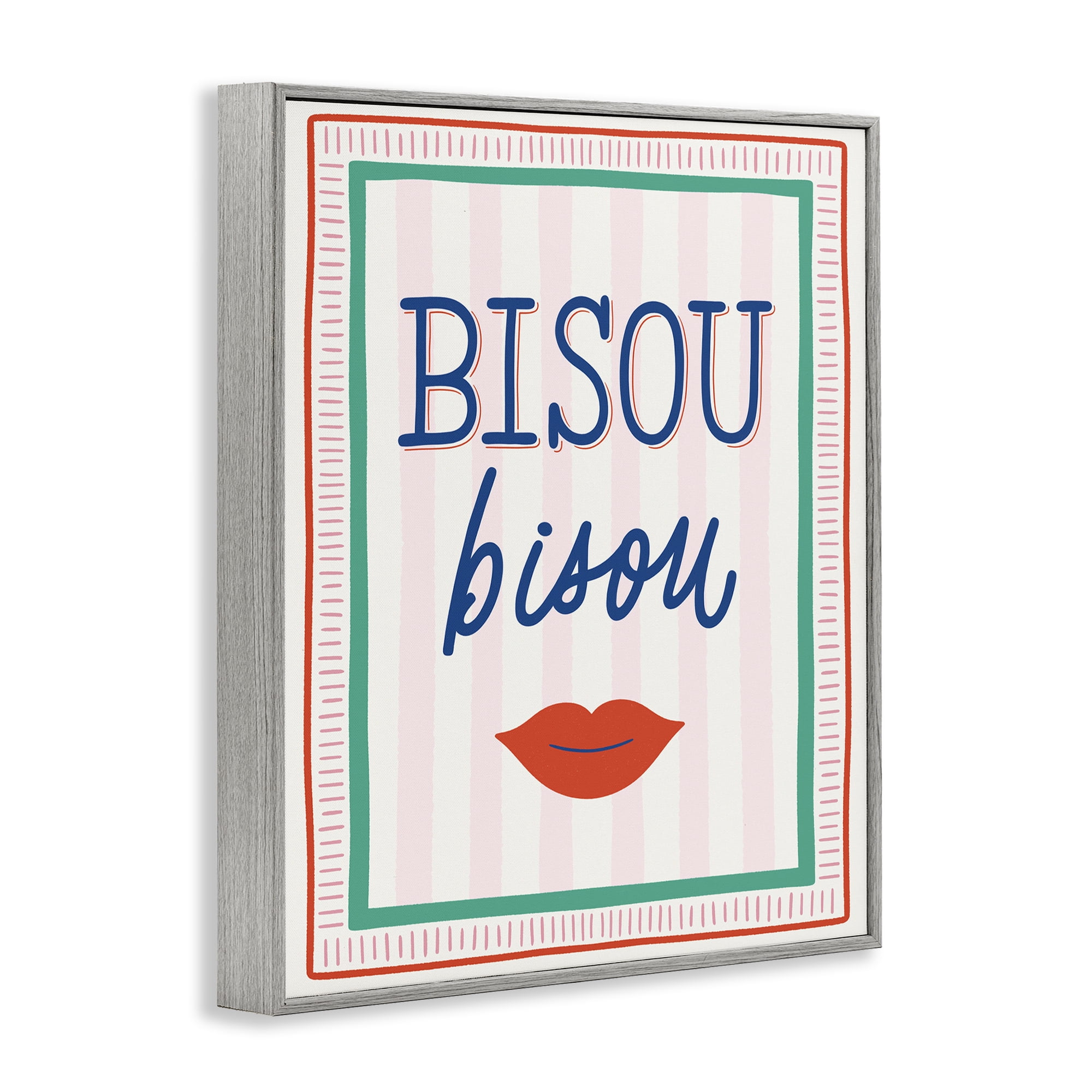 Stupell Industries Bisou Kiss over Stripes Gray Framed Giclee Art, design by Jalynn Heerdt