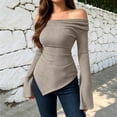 thumbnail image 7 of Xaqiouau Off Shoulder Sweater for Women Ribbed Knit Long Sleeve Bell Sleeve Slim Fit Asymmetrical Hem Pullover Casual Fall Winter Top, 7 of 7