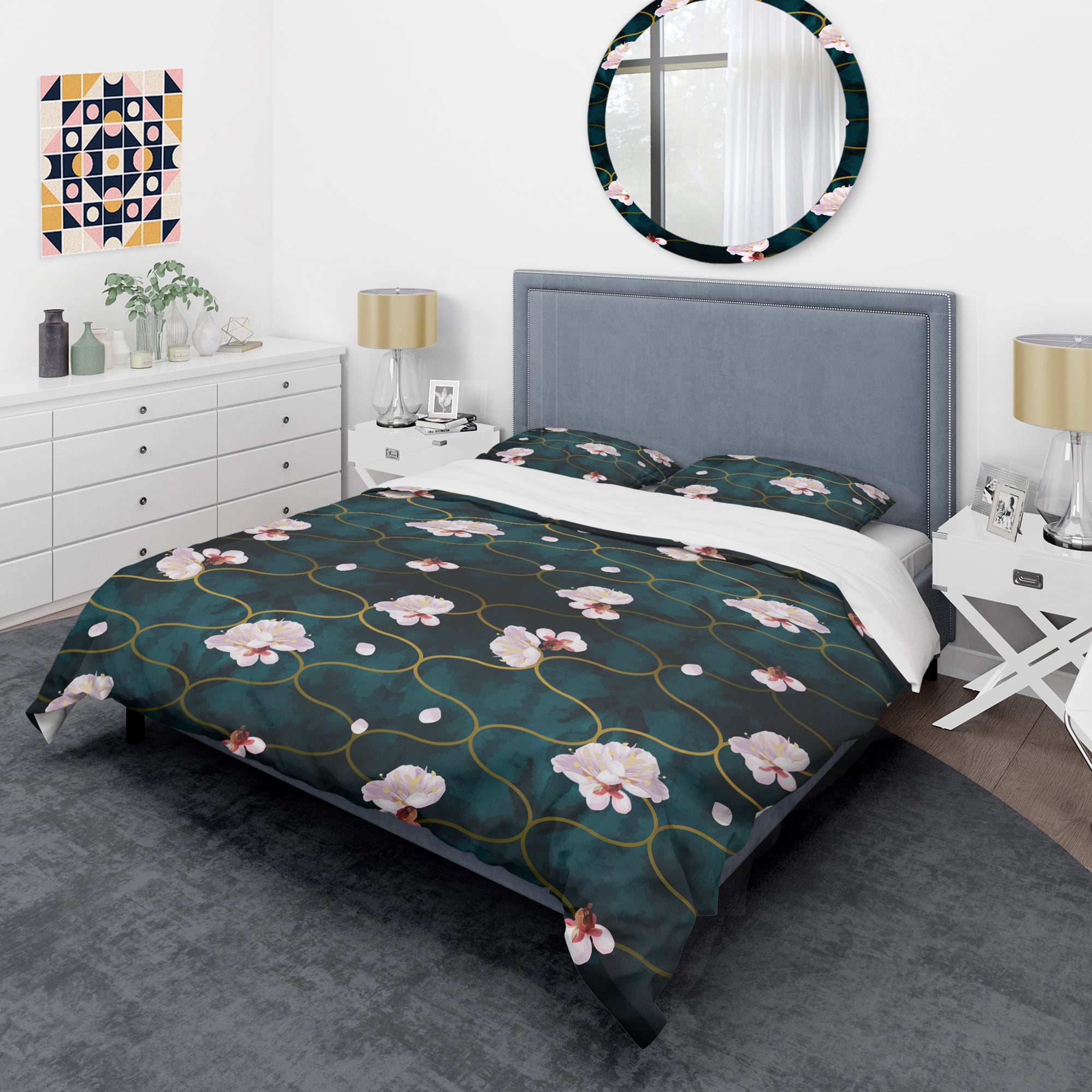 Designart 'Retro Pink Flower Pattern II' Mid-Century Modern Duvet Cover Set