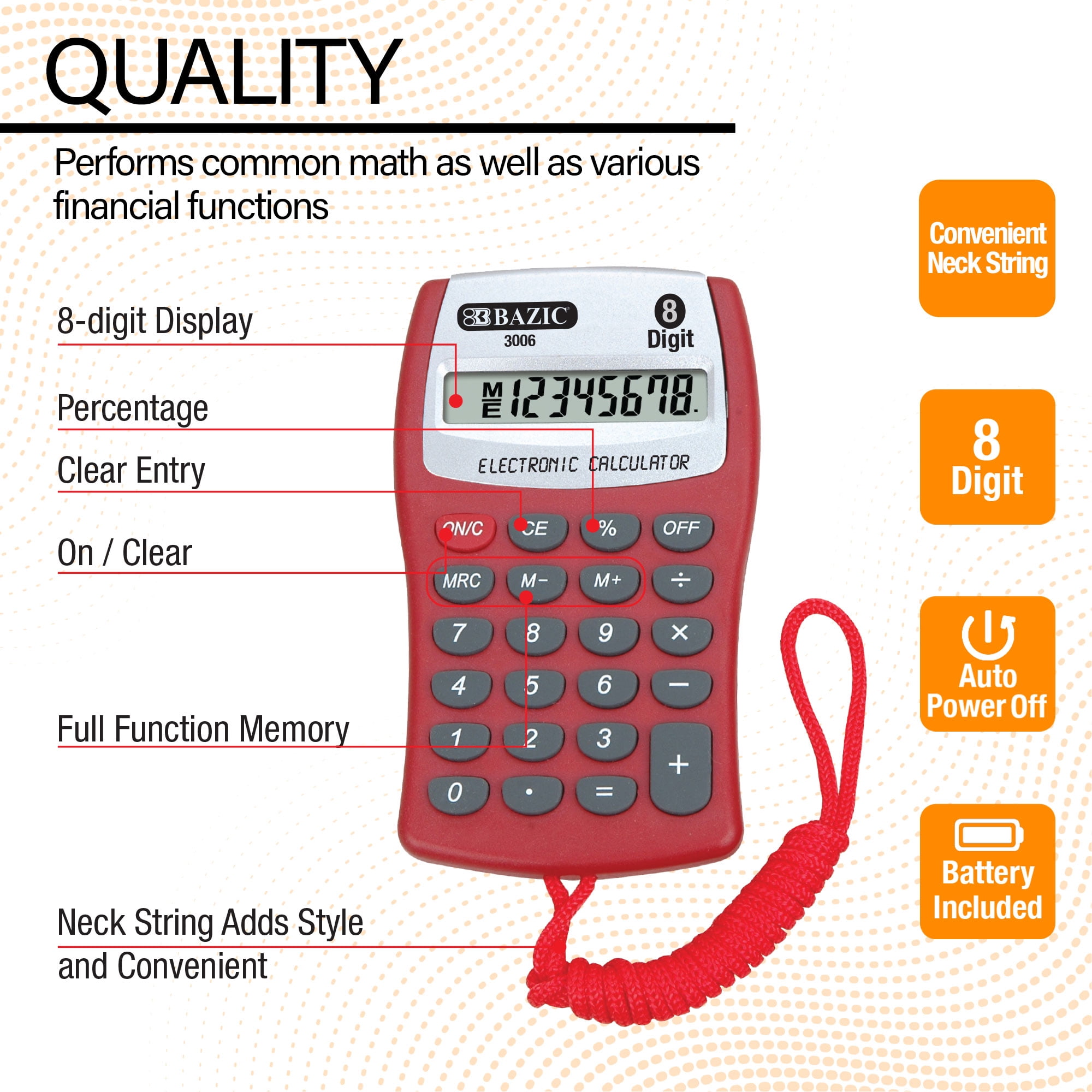 BAZIC Pocket Size Calculator 8-Digit Neck String, LCD Display, 24-Pack
