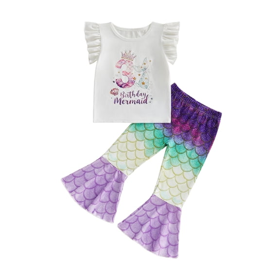BemeyourBBs Toddler Baby Girls Birthday Mermaid Outfits 1 2 3 4 Years Old Birthday Clothes Flying Sleeve Letters Crown Print T Shirt Tops Fish Scale Flare Pants Summer Clothing Sets