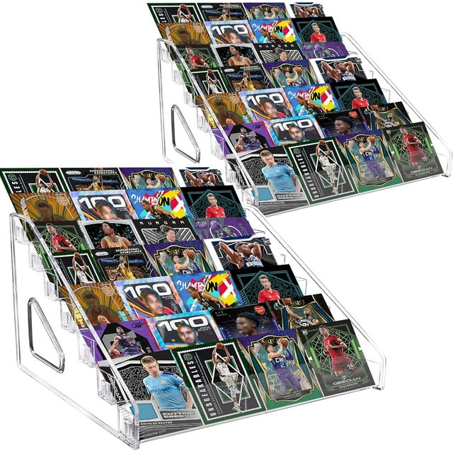 2 Pack 7-Tier Acrylic Card Display Stand, Portable Clear Trading Card Holder Rack for Sports, PSA, Graded, Business & Greeting Cards - Versatile Vendor Shelf for Conventions, Craft Shows, Retail