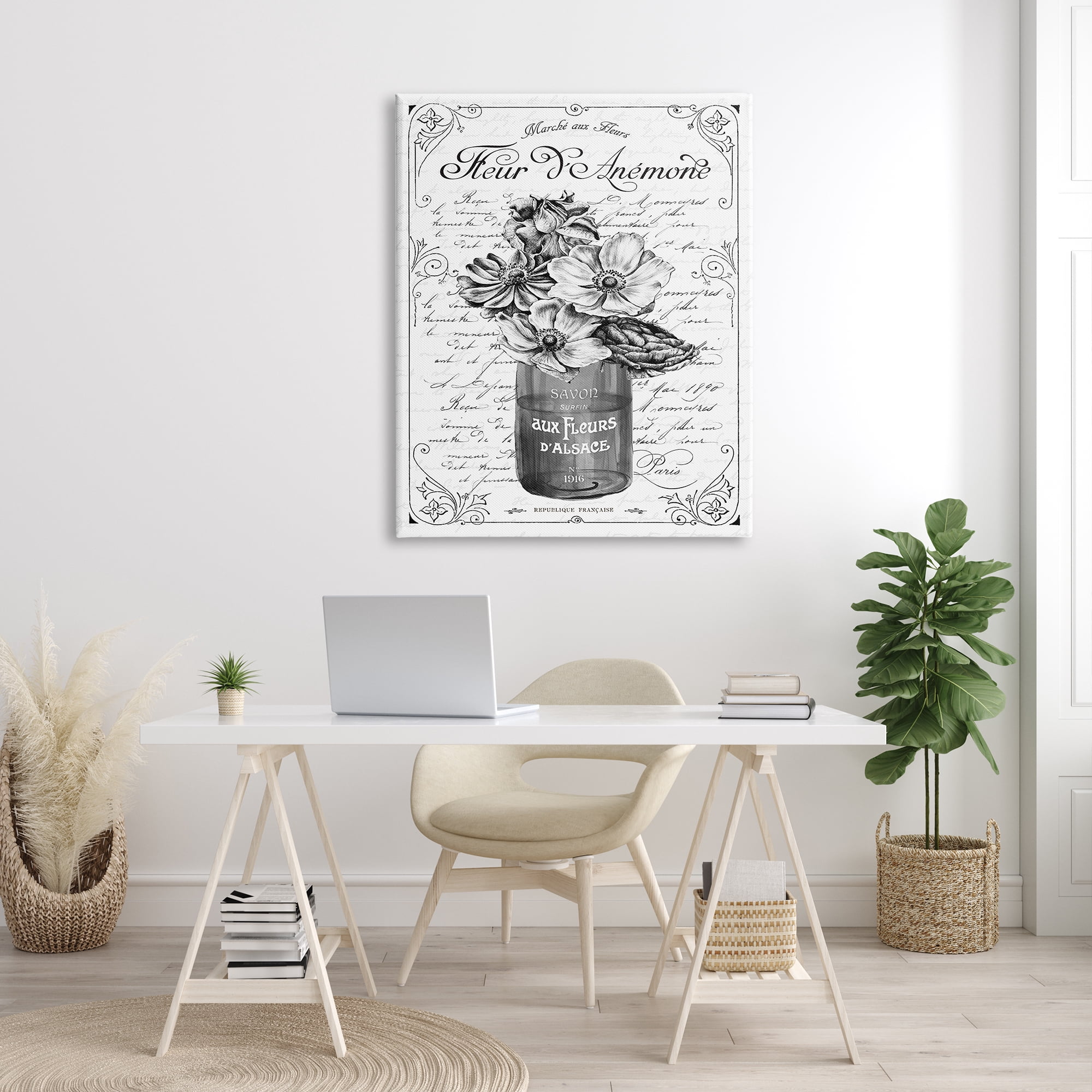 Stupell Industries Anemone Flower French Text Fancy Floral Border Graphic Art Gallery Wrapped Canvas Print Wall Art, Design by Lettered and Lined