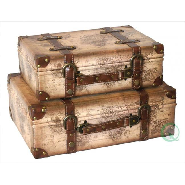 2 Set Vintage Style Old World Map Brass Wooden Suitcase Trunk Storage Box 