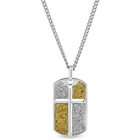 316L Stainless Steel Gold and Silver Glitter Cross Dog Tag Pendant, 24 Curb Chain