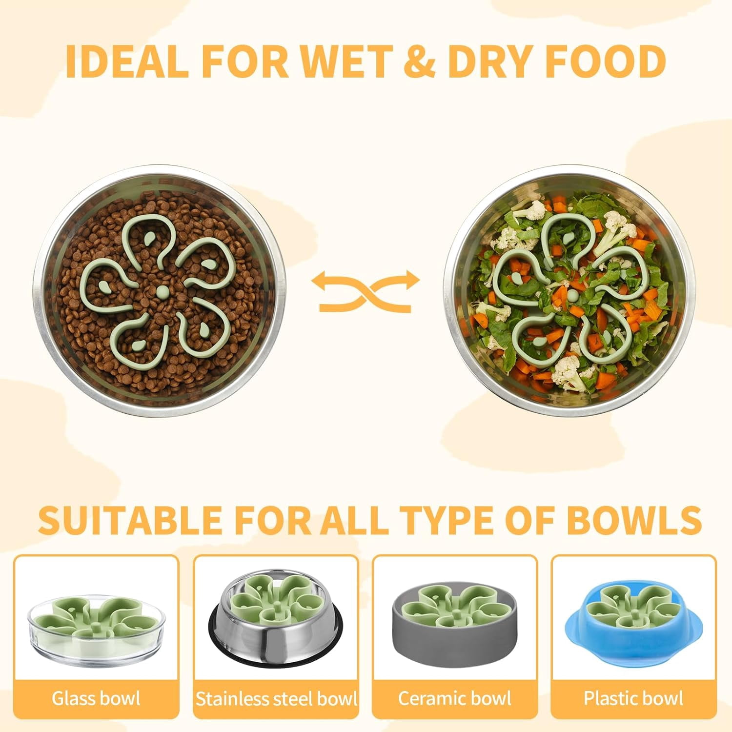 Slow Feeder Dog Bowls Insert,  Soft Silicone Slow Eating Dog Bowl Insert with Suction Cups for Small, Medium and Large Dogs(Green S)