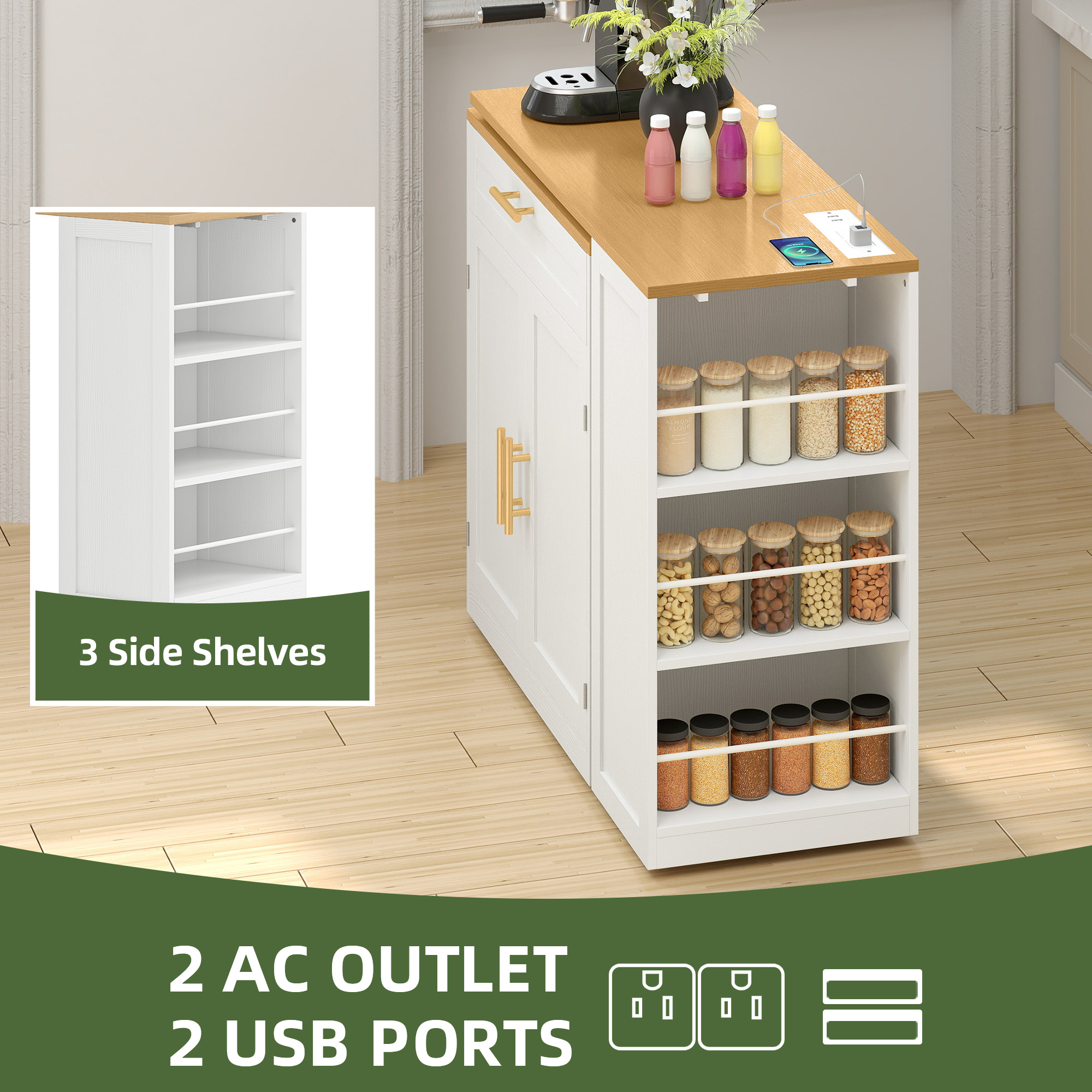 Uforic Extendable Kitchen Island Table with Power Outlets & Seating, Rolling Kitchen Island, White