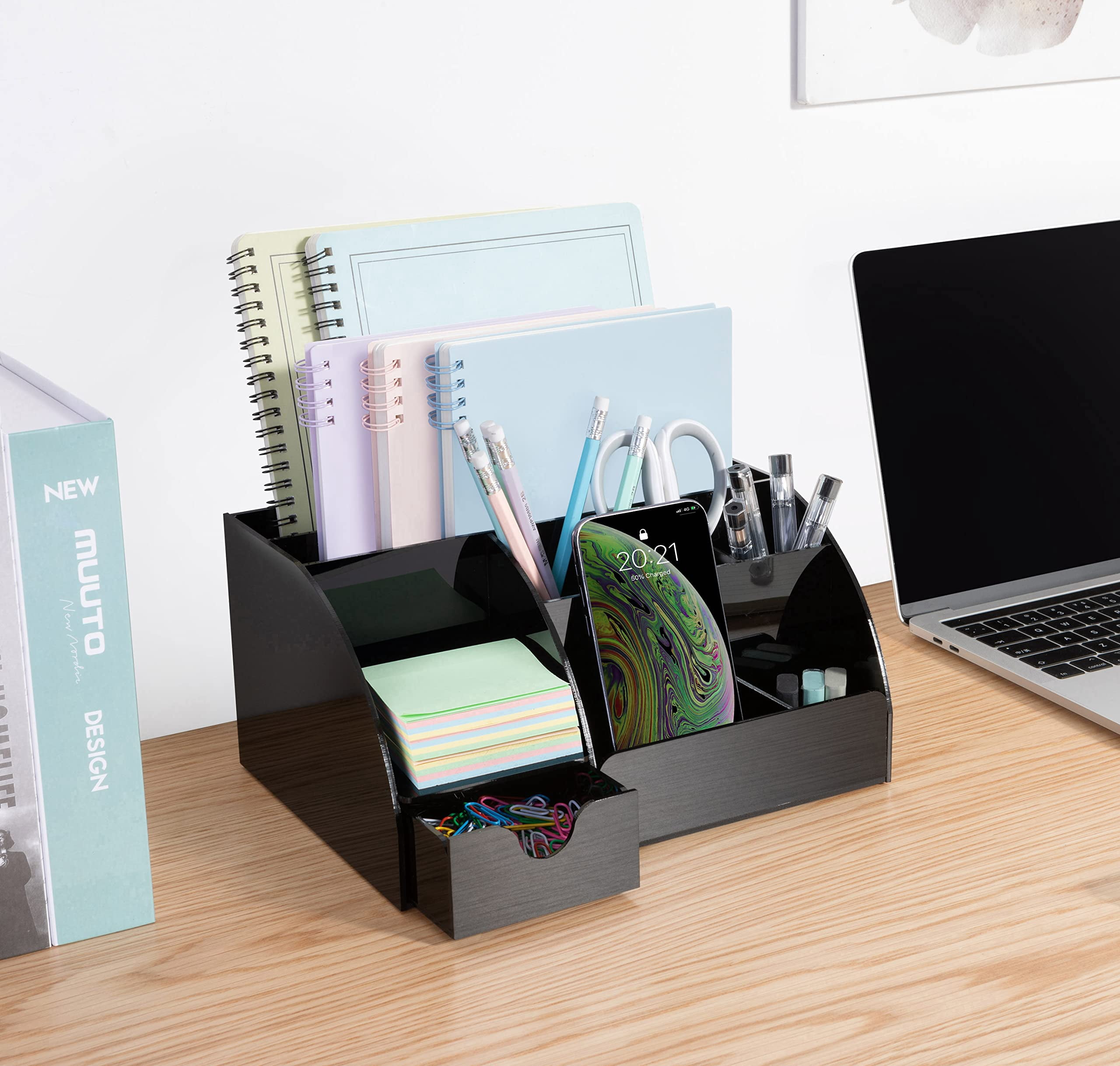 Black Desk Organizer With 9 Compartments - Desktop Office Supplies And Accessories
