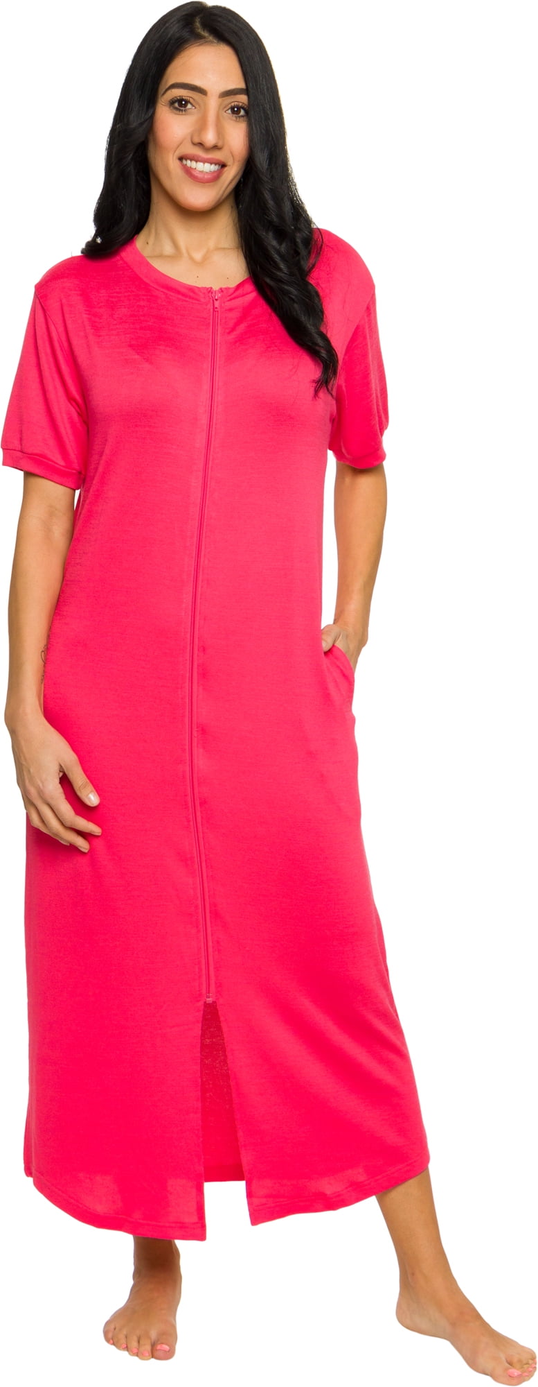 Silver Lilly Womens Zip Up Short Sleeve Nightgown Lightweight Knee Length Housecoat Pajamas