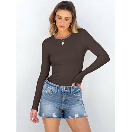 ANRABESS Long Sleeve Shirts for Women Ribbed Knit Slim Fit Basic Tops Crewneck Tees Spring Fall Casual Underscrubs Layer Clothes Brown Medium