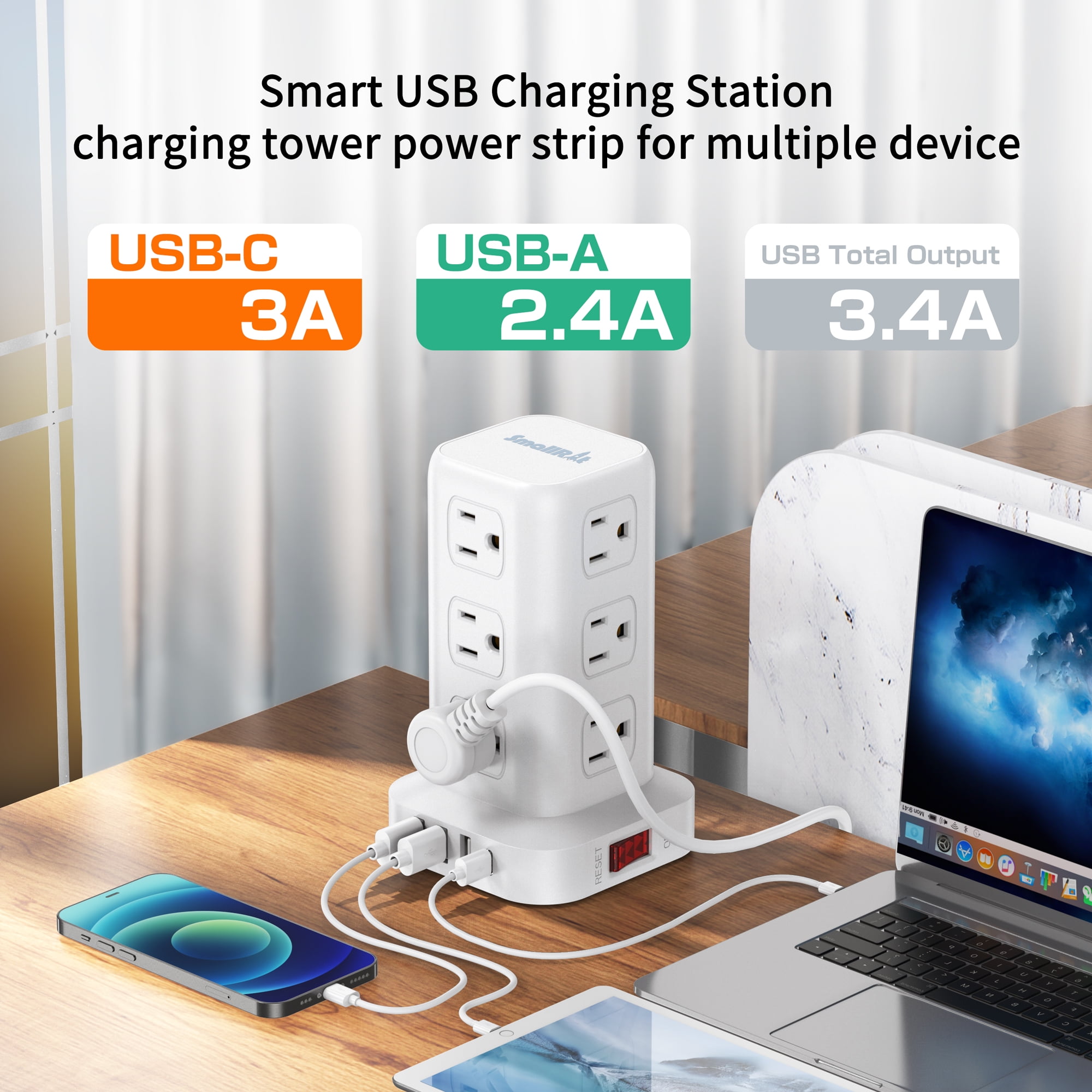 Power Strip Tower 12 Outlets with 4 USB Ports Surge Protector Electric Charging Station 6.5ft Cord, White