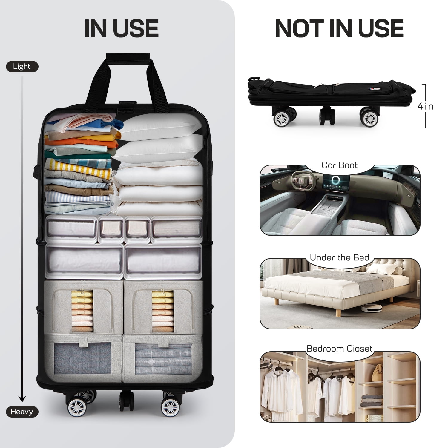 36" Expandable Foldable Luggage Bag,Collapsible Suitcases with Wheels,Rolling Duffle Bag Wheeled Travel Bag for Men Women,MEX-Black