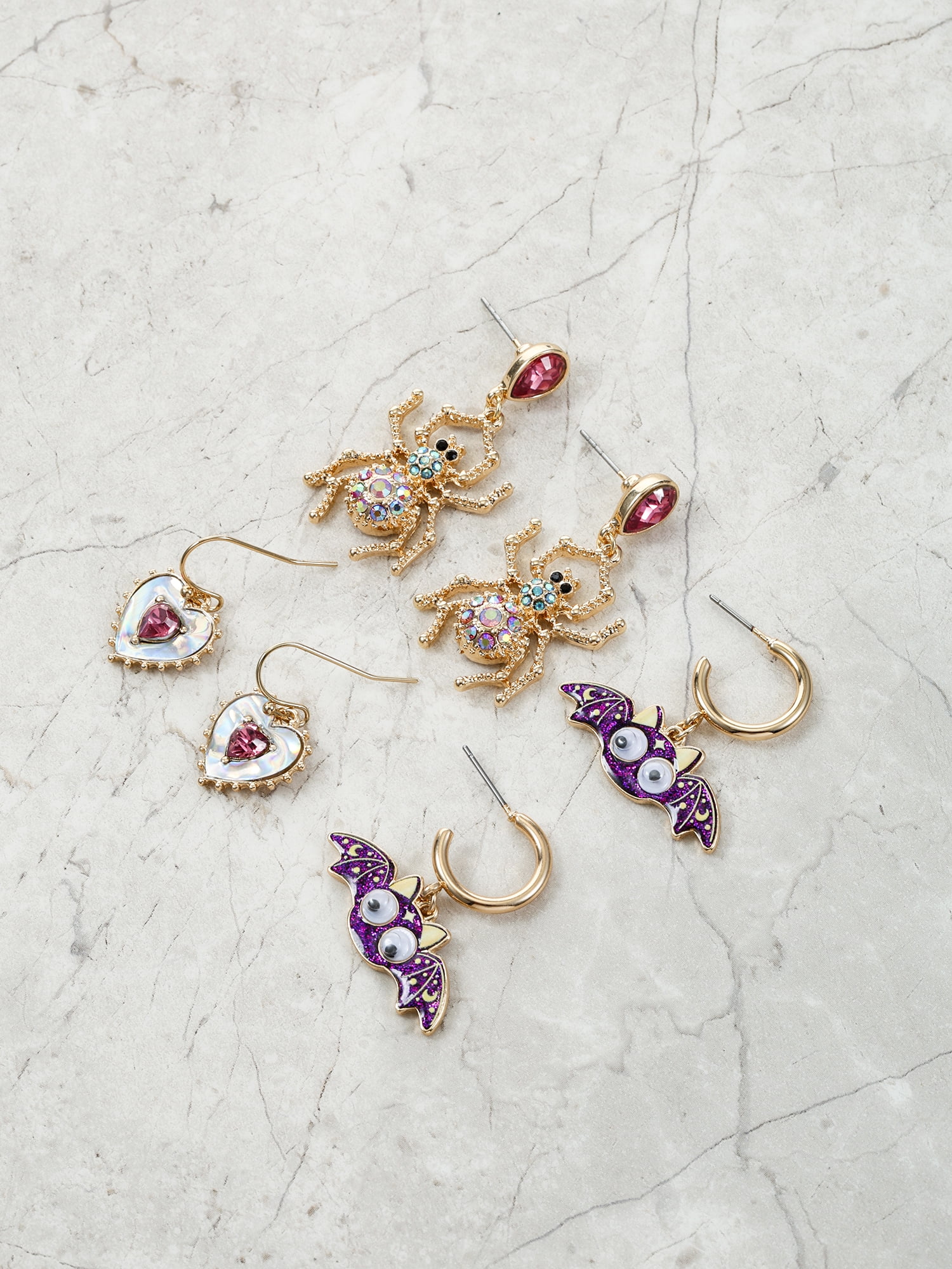 Way to Celebrate Halloween Cute Mini Hoop Earring Trio, Spider, Bat, Heart, 3 Pairs