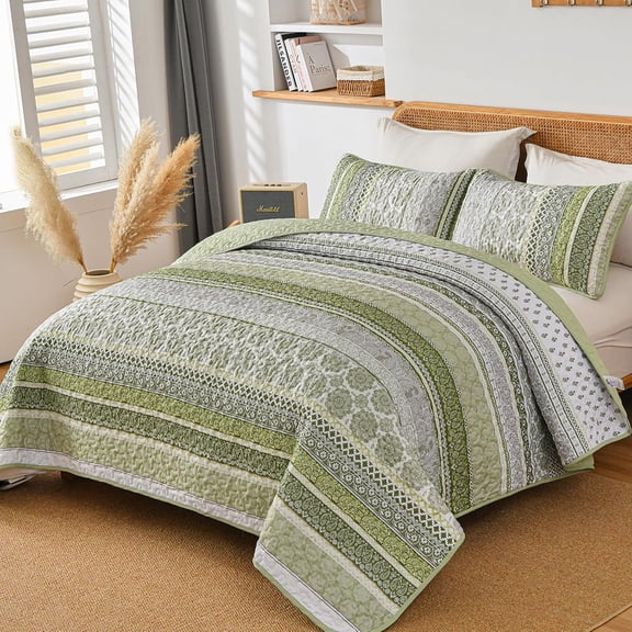 Boho Quilt Set Queen Size, Sage Green Bohemian 3 Pieces Quilt Sets, Lightweight Bedspread Coverlet Bedding Set for All Season (96"x90")