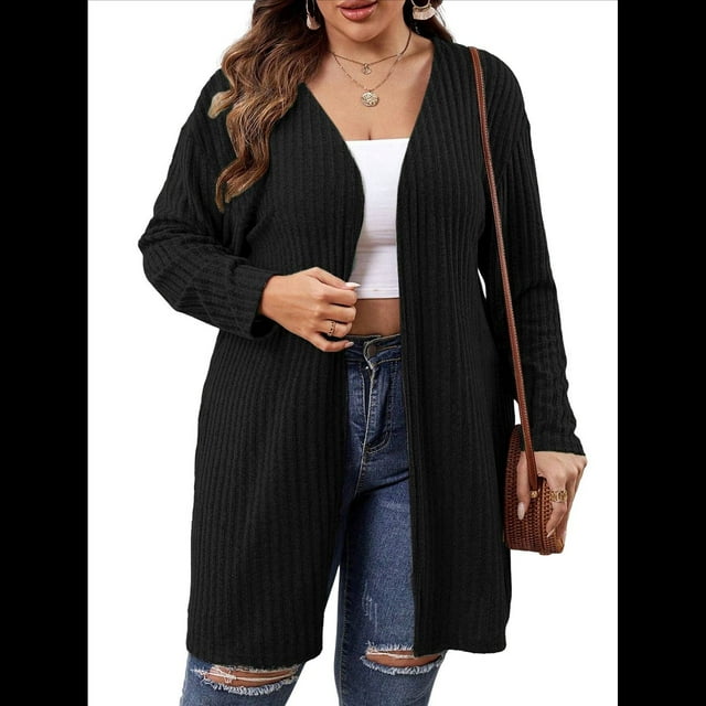Suéter Tipo Cárdigan de Punto con Abertura Frontal, Liso y Acanalado, para Mujer Negro XL