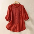 thumbnail image 2 of Elainilye Fashion Tops for Women 2024 Casual Loose T-Shirt 3/4 Sleeve Button Pockets Tops Cotton and Linen Blouse,Red, 2 of 8