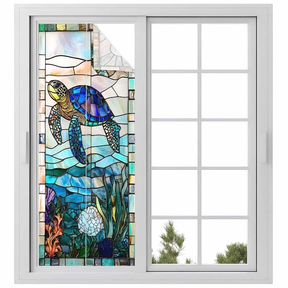 Summer Sea Turtle Window Privacy Film, Stained Glass Ocean Jellyfish Coral Static Cling UV Sun Blocking Heat Control Window Tint, Non-Adhesive One Way Windows Privacy Cover 29.5''x78.7''