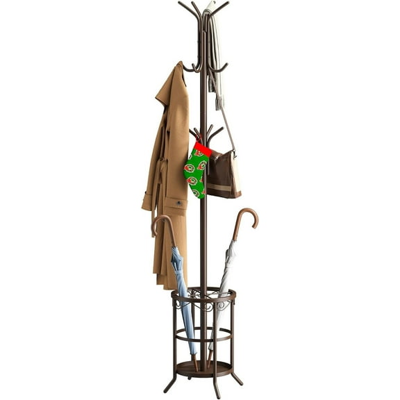 Coat Rack Freestanding with Umbrella Stand Coat Rack Stand with 12 Hooks Metal Coat Tree Coat and Hat Hanger Jacket Entryway Coat Rack (Brown)