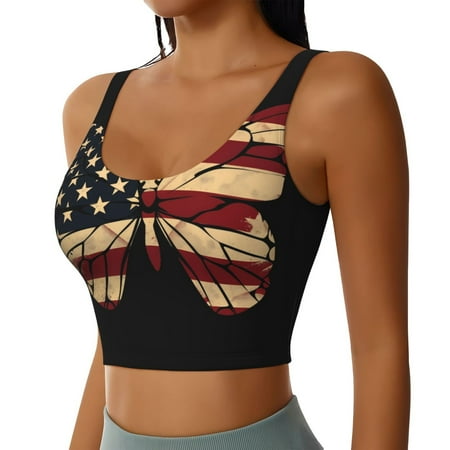 JUNZAN Patriotic USA Butterfly Art Print Women s Workout Tank Tops - U Back Fitness Top with Built-In Shelf Bra  Perfect for Yoga and Gym-Large