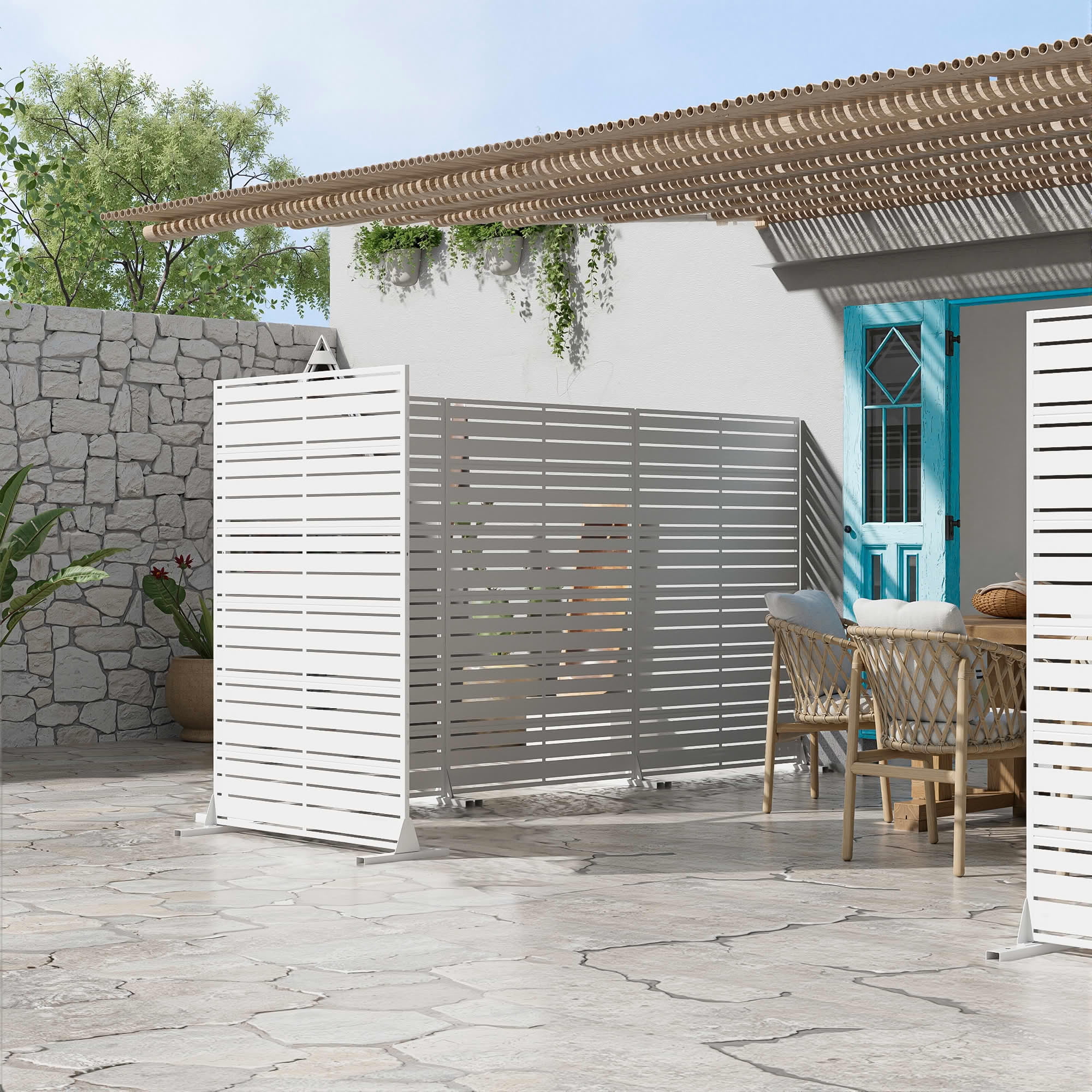 MAYEERTY 72"x47" Outdoor Privacy Screen, White 6-Piece Galvanized Steel Louver Panel, Wide-Narrow Pattern, for Balcony Deck Garden