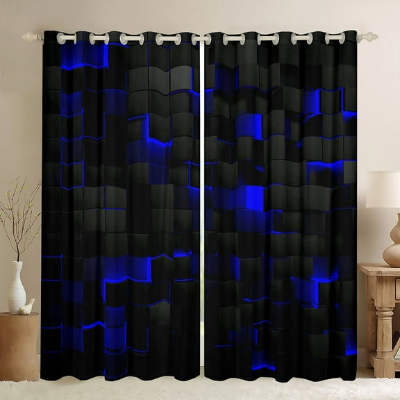 Geometric 30%-50% Blackout Curtains 38"Wx45"LBlack Navy Royal Blue Curtains & Drapes Men Bedroom,Neon Abstract Stereoscopic Check Grid Window Curtains Square Plaid Window Treatments