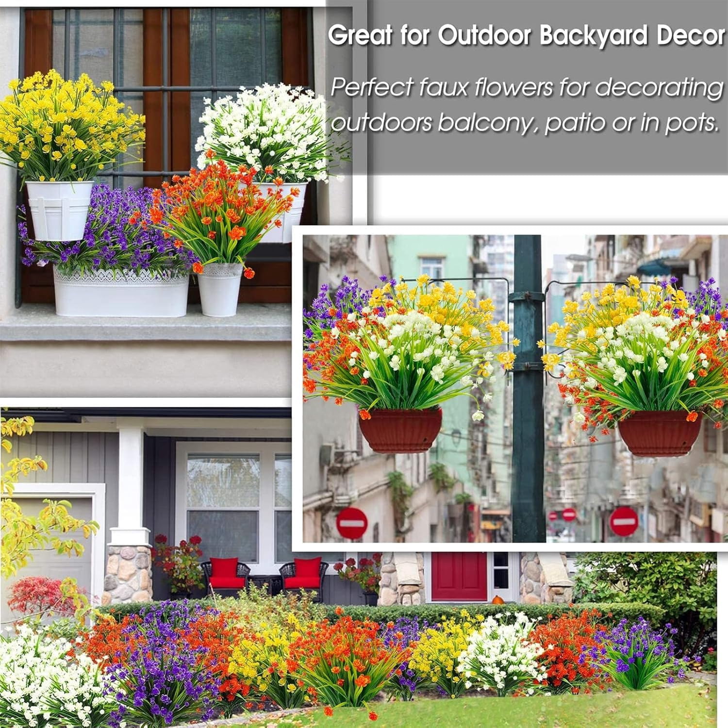 12 Bundles Artificial Flowers for Outdoors Summer Decor,Realistic UV Resistant Plants Faux Plastic Flowers