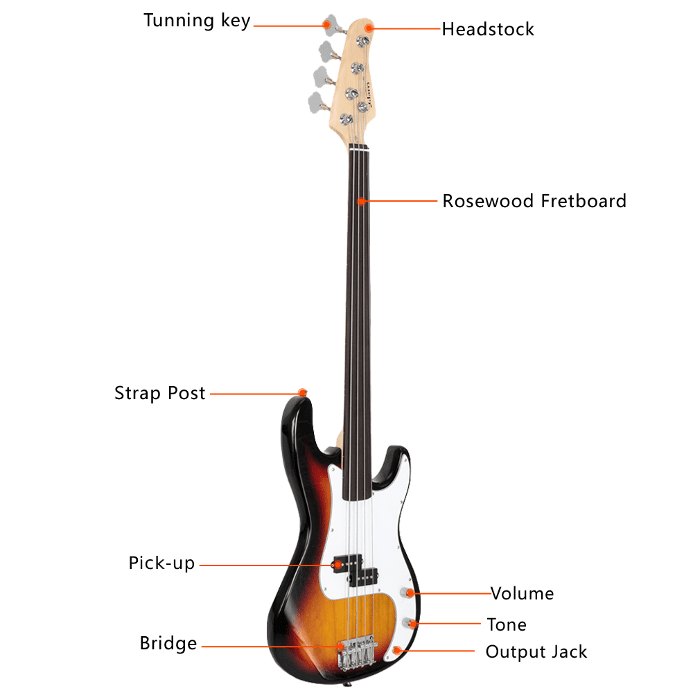 Tcbosik 4 String Fretless Electric Bass with Bag, Full Size Guitar with Strap, Plectrum and Spanner Tool for Beginner Advanced, Sunset Color