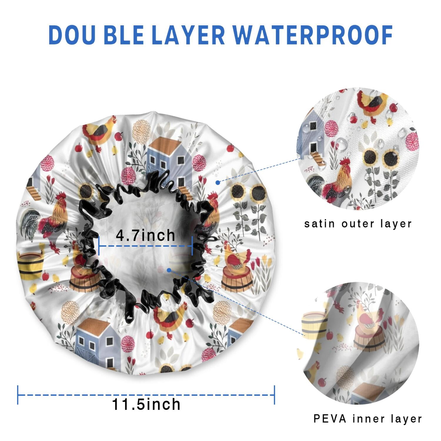 Shower Caps,White Chicken Farm Pattern Waterproof Shower Cap for Women 4 Pieces,Double Reusable Hair Cover for Shower PEVA Elastic Stretch Hem