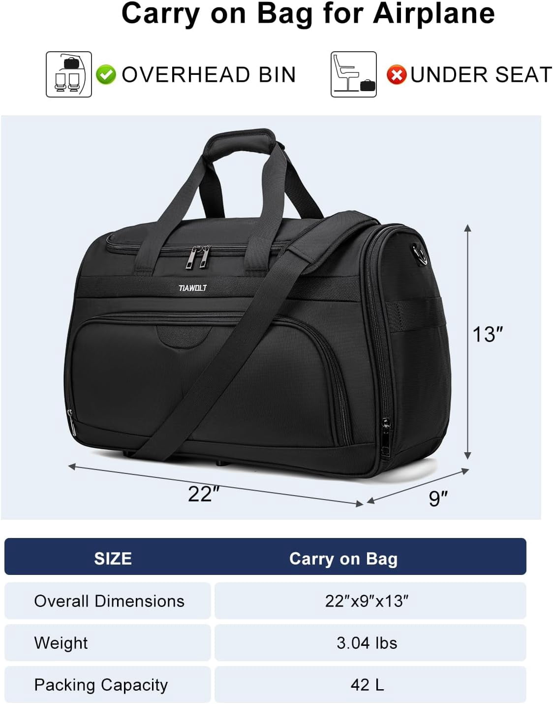 TIAWOLT Foldable Carry-On Luggage Bag Lightweight & Durable Overnight Weekender Duffle Carry On Bag with Luggage Sleeve Hospital Bag or Airplane Travel Bag for Women and Men,Black