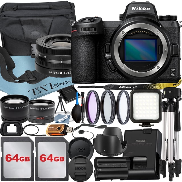 Nikon Z6 II Mirrorless Camera with NIKKOR Z DX 16-50mm VR Zoom Lens + 64GB Card + Case + Wide angle + Tripod + ZeeTech Accessory Bundle