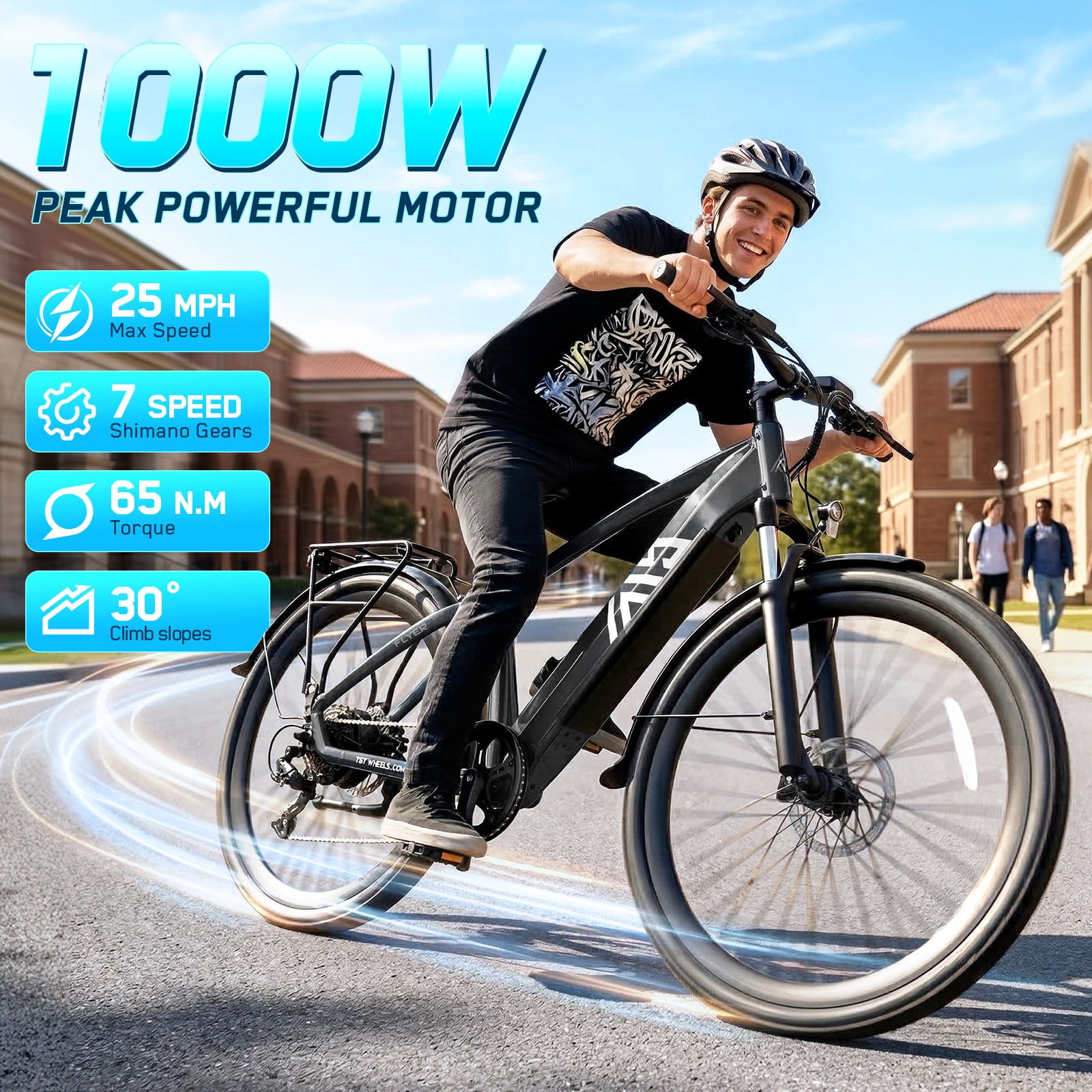TST Electric Bike for Men, Peak 1000W E Mountain Bike, Electric Bicycle, 27.5" Tire EBike, Hydraulic Disc Brakes, 48V/15Ah Battery